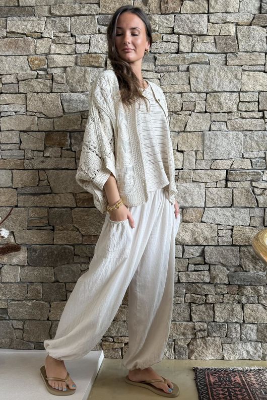 Benito Crochet Cotton Carmen Cardigan Stone